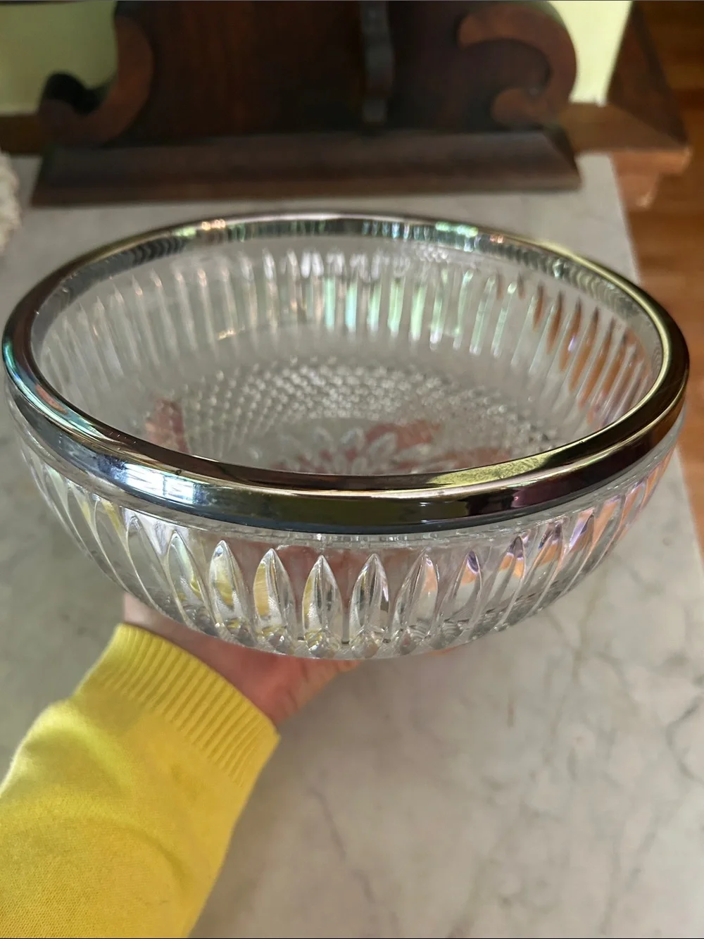 Leaded Glass Silver Rimmed Bowl Two Quart Size; in Excellent Condition; Heavy!